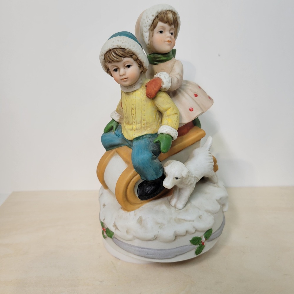 Vintage‎ Porcelain Sledding Kids Music Box Figurine Winter Scene Decor